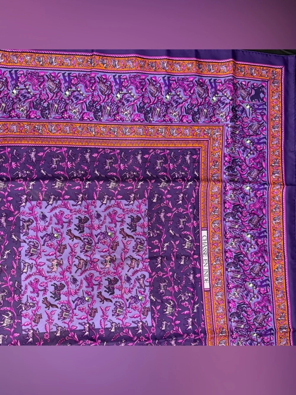 Hermes Silk Scarf Chasse En Inde Purple Orange India Hunter Tiger Elephant Horse - Picture 5 of 12